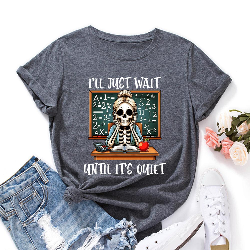 I JUST WAIT Cotton T-Shirt Short Sleeve Round Neck Women 2d Print Tops
