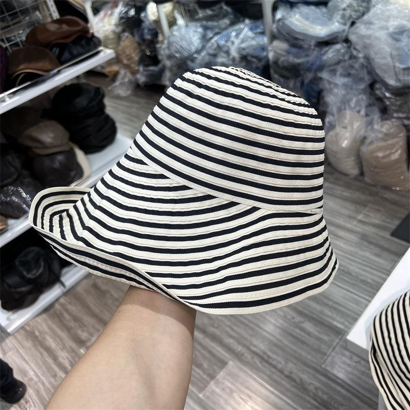 Striped big eaves bucket hat women's new front long rear short sunscreen hat foldable versatile casual show small face