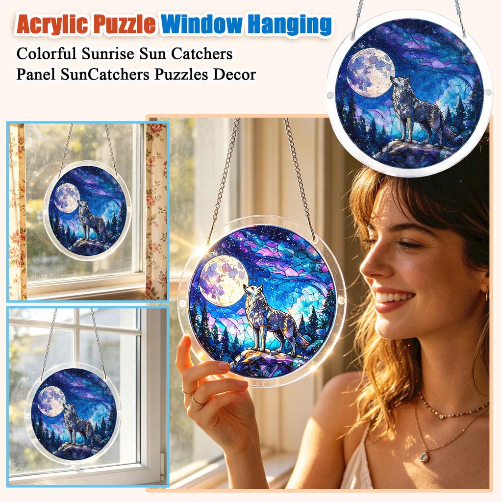 Acrylic Puzzle Sun Catcher Window Hanging Decoration 2D Circular Design Featuring Wolf Howling At Moon with Forest Background
