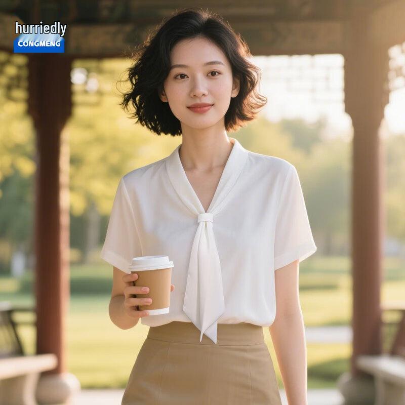 Women s V-Neck Short Sleeve Chiffon Professional Blouse 3XL