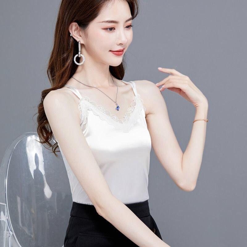 Spring and Summer Black Lace Imitation Silk Sling Women's Thin Suits Wear Outer Vests and Inner Vests Sleeveless Bottoming Shirt Top