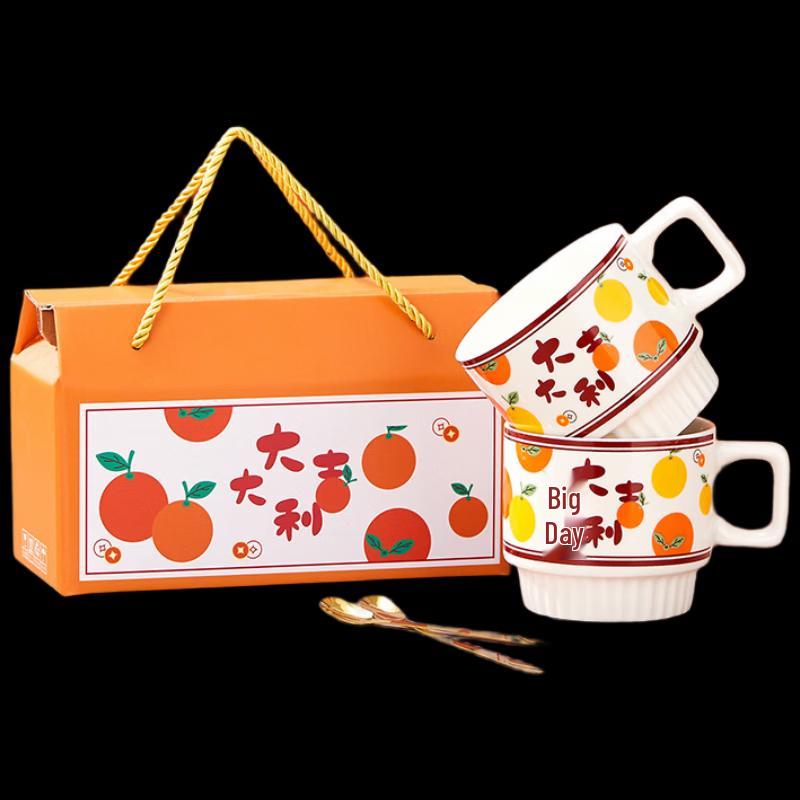 Heyuxi Good Fortune Ceramic Stacking Mug Gift Set (2 Cups + 2 Spoons)