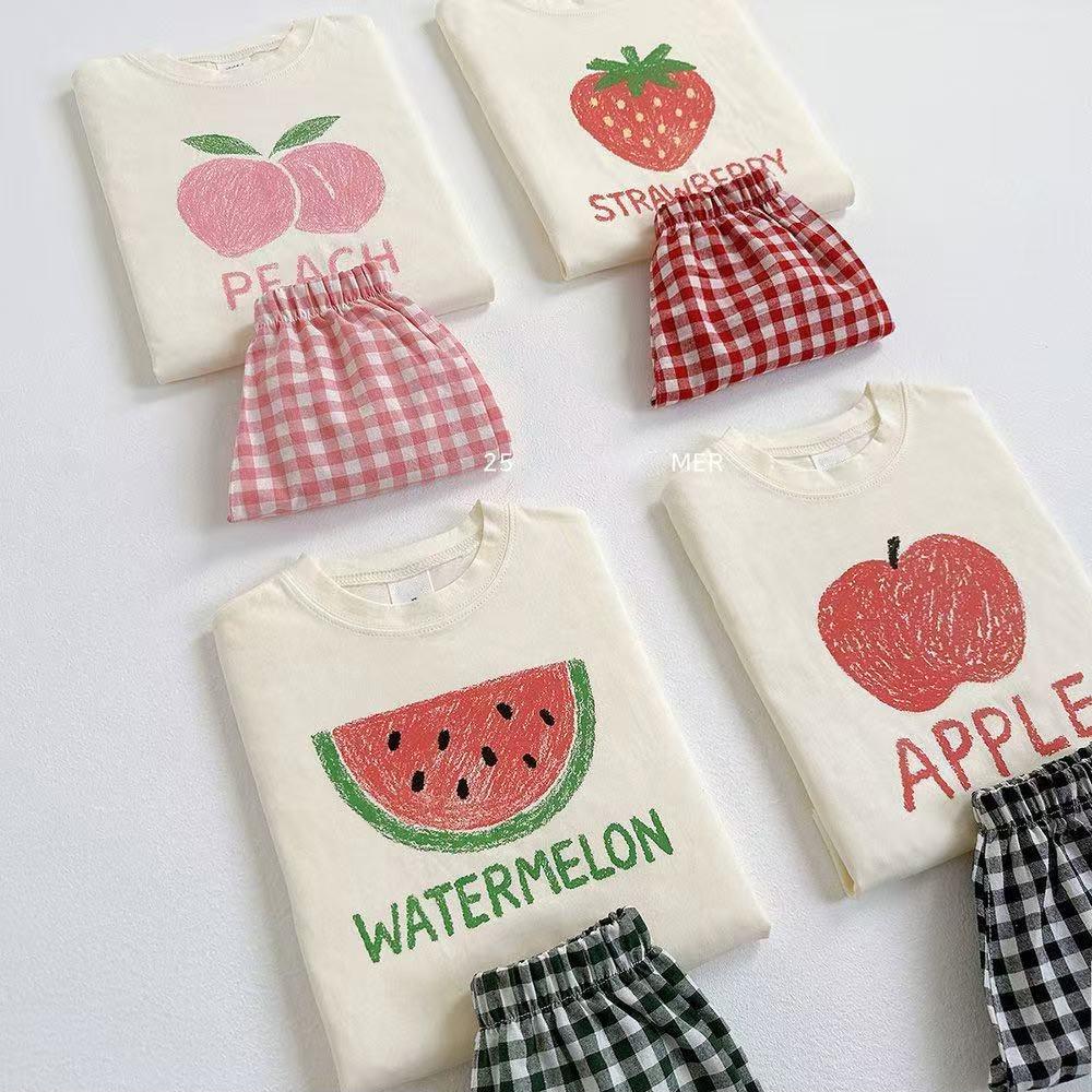 Printed Fruit T-shirt Girls Two Piece Set Summer Clothes Fashion Korean Style Children Short Sleeve Tees + Plaid Shorts Outfits