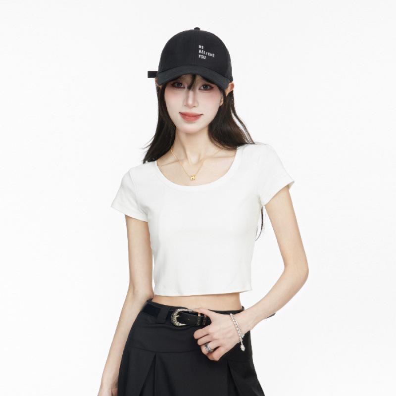 Black Front Shoulder Short-sleeved T-shirt Spice Girl Style Summer New Waist Thin Versatile Simple Short Top