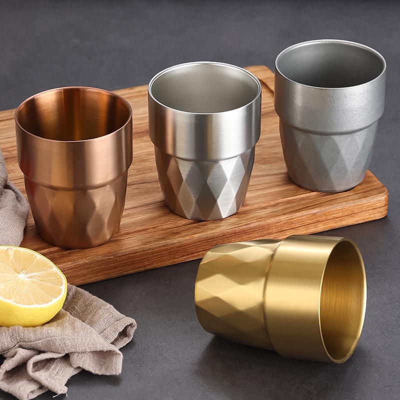 Korean Style Double-Layer Stainless Steel Cup - Anti-Scald Gold Cup for Tea, Beverage, and Beer