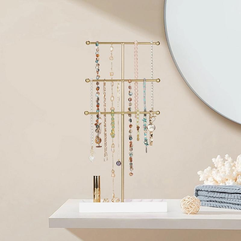 Multifunctional Metal Jewelry Stand Featuring Hook and Trays for Neat Arrangement of Necklaces Bracelets Rings