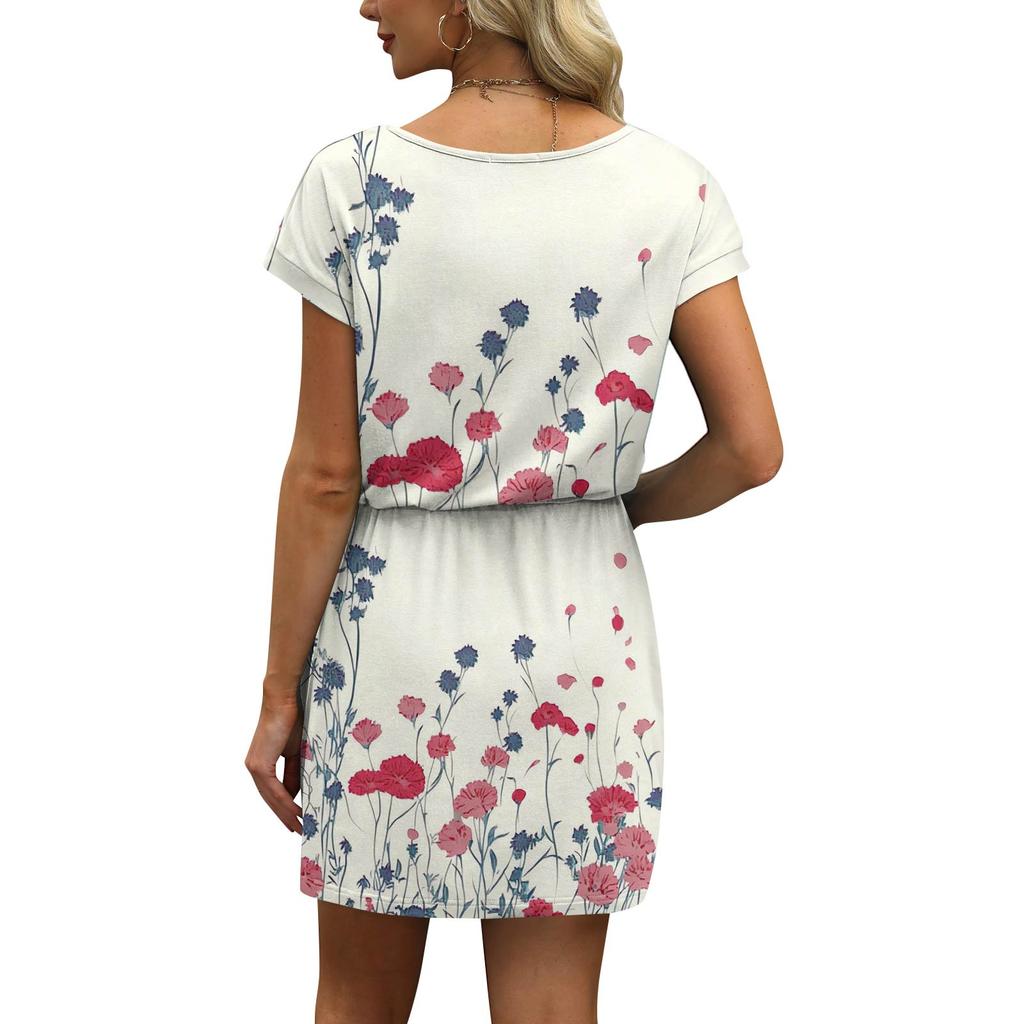 Women's Fashion V-Neck Short Sleeve Drawstring With Pocket Printed Casual Dresses