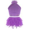 Girls Dance Performance Outfit Halter Neck Sleeveless Backless Vest with Sparkly Rhinestones Feather Briefs