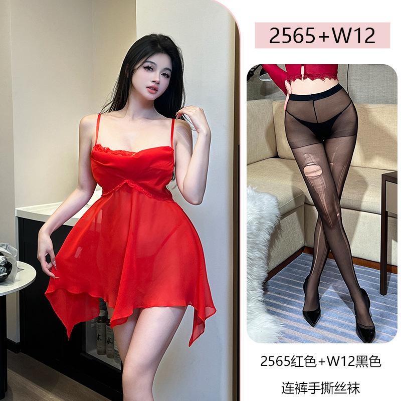 Sexy Mature Mesh See-through Temptation Nightdress Pure Desire Pajamas Dress Elegant Red Sweet Tank Mini Dress Korean Women J69G
