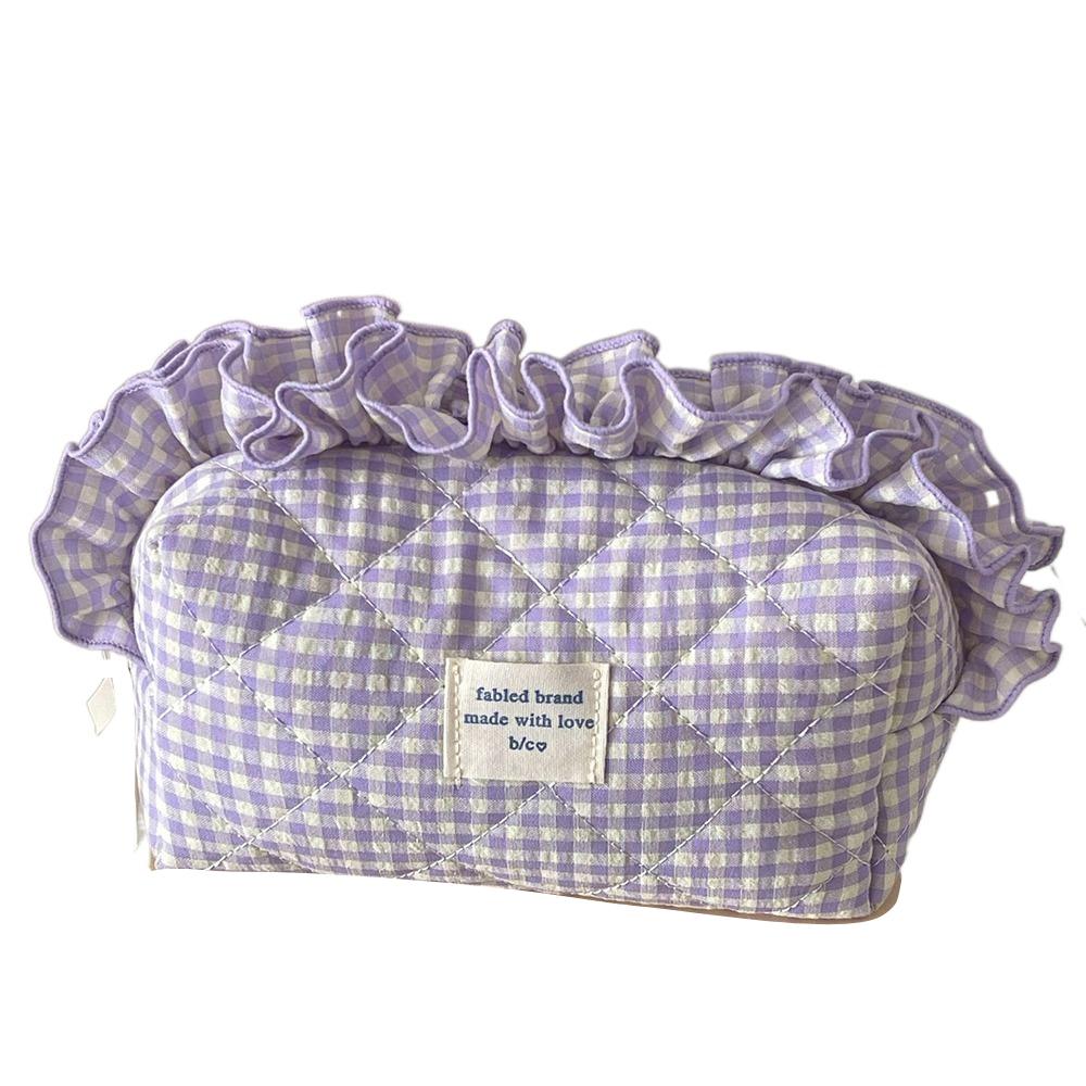 Large Capacity Ruffle Makeup Bag Plaid Pattern Wash Storage Bag Toiletry Organizer Skincare
