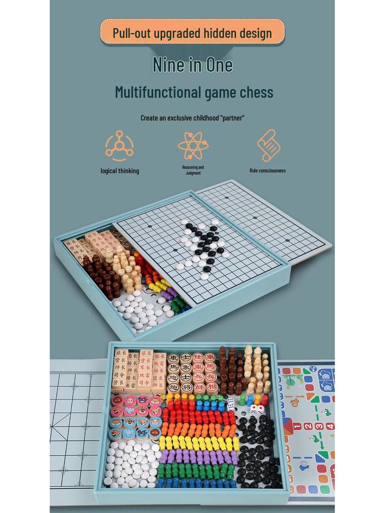 Multifunktionales Holz-Spielbrett: Fliegendes Schach, Dame und Tierkampf für Kinder und Erwachsene