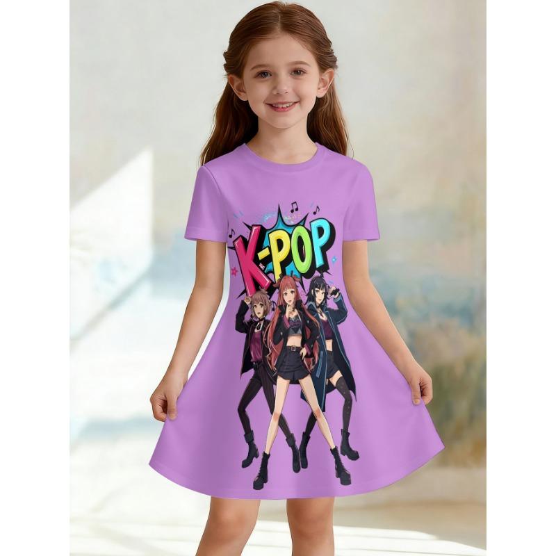 Girls 3D Crew Neck A-line Dress, Pink Castle Princess and Elf Print, Perfect for Parties and Birthday Gifts.