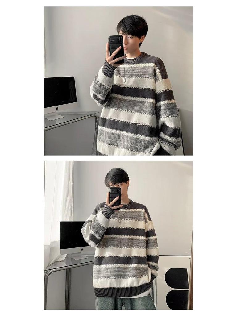 Men’s Trendy Korean Striped Knit Sweater – High-End, Versatile & Stylish