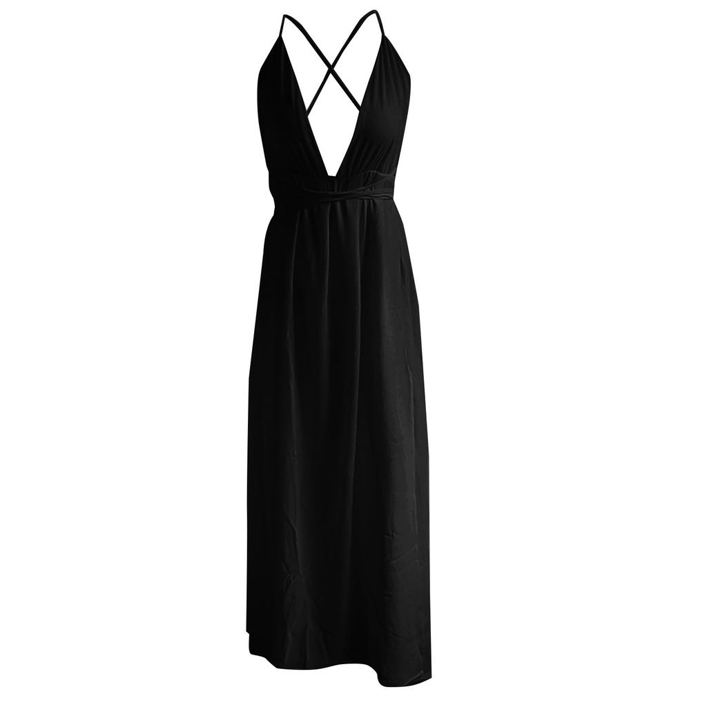 Women's European And American Fashion Sexy Solid Color Deep V Bandage Strapless Back Waist Split Bohemian Chiffon Sleeveless Dress