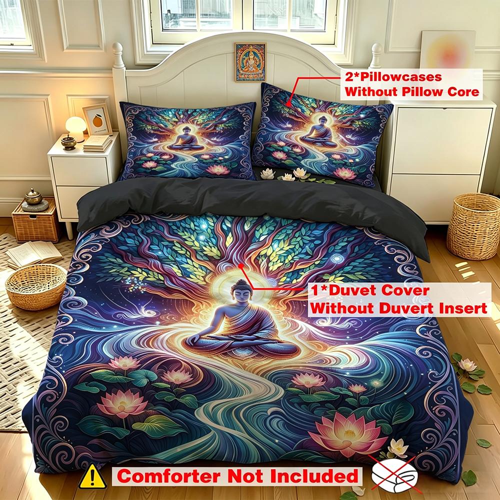 Ensemble Housse de Couette Arbre de Vie 3 Pièces Chakra Méditation Yoga Spirituel Imprimé Literie Housse Couette Douce Microfibre 135x200