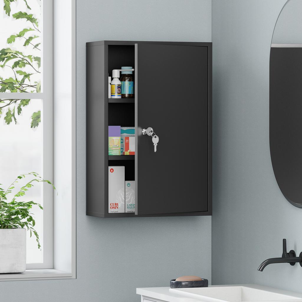 Medicine Cabinet, 2-Shelf 3-Tier, Lock, 40 x 18 x 60 cm, 2 Keys, Metal, Black