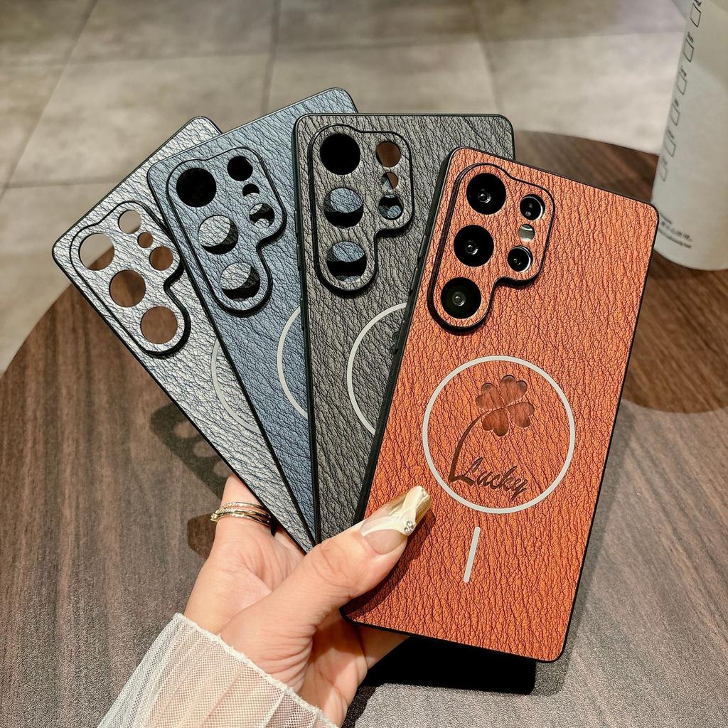 Samsung S25ultra Four Leaf Clover Mobile Phone Case Full Inclusive S24FE Simple Thin Circle Magnetic Leather Absorbing Shell