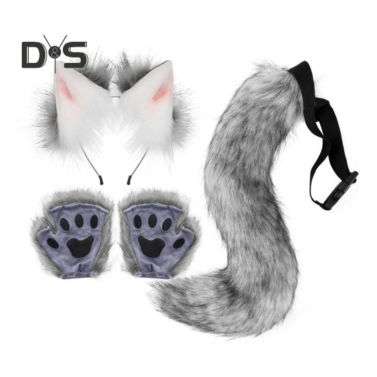 

Аксессуары для костюмов животных из искусственного меха, ручная работа, повязка для волос с кошачьими ушками, лисий хвост, коготь, перчатки, комплект для аниме, косплея, вечеринки, школьного выступления темно-серого