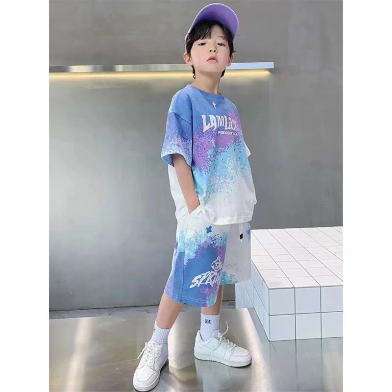 Boys Loose Casual Sets Summer Teen Gradient T-shirts+Shorts 2Pcs Big Kids Sport Short Sleeve Clothes Suits Children Print Outfit