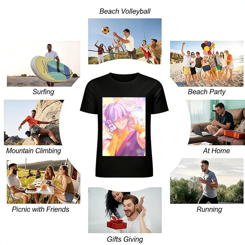 Y2K Style Anime Boy Print Tank Top Purple Yellow Color Block Sleeveless Top For Daily Wear Pure Cotton T-shirt