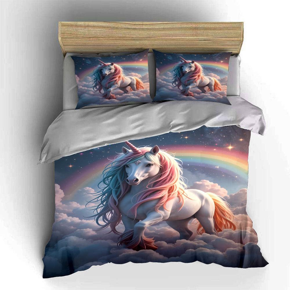 """Einhorn Wolken Dekorationsset" Weiches hautfreundliches Bettwäscheset Enthält 1 Bettbezug und 2 Kissenbezüge Geschenk"""