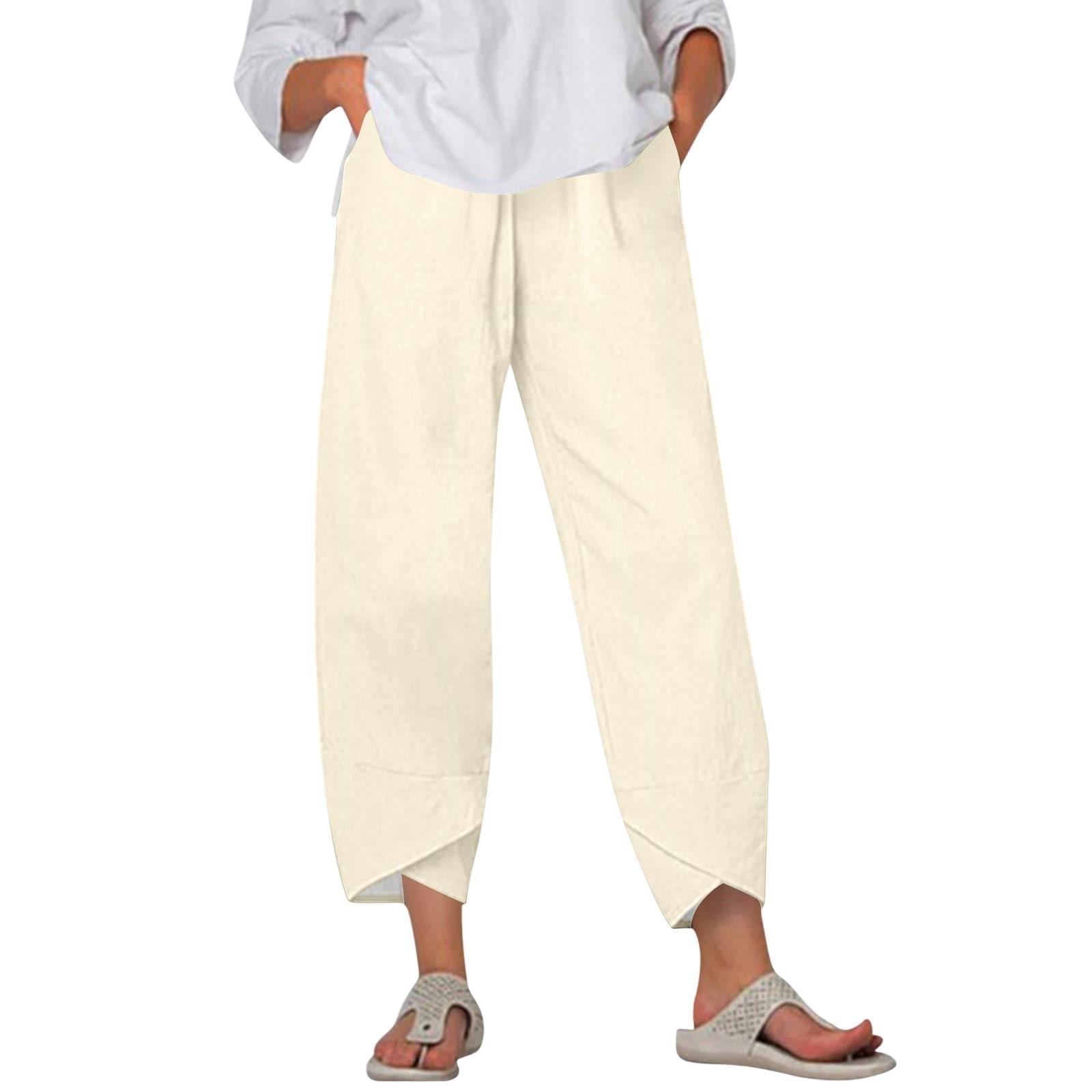 

Брюки женские летние повседневные широкие брюки с эластичной резинкой на талии и карманами S бежевый