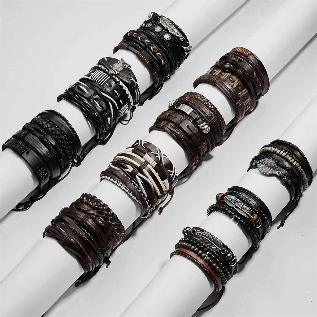 Vintage Multi-layer Feather Star Leather Bracelets For Men Hand-knitted Leaves Rope Wrap Wristband Bracelet Ethnic Party Jewelry