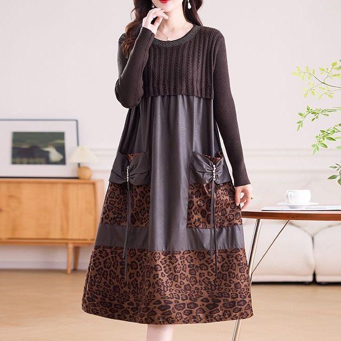Women's long Sweater Dress Knitted Patchwork PU Leather A-Line Dress Plus Size Knitted Dress for Autumn and Winter ...