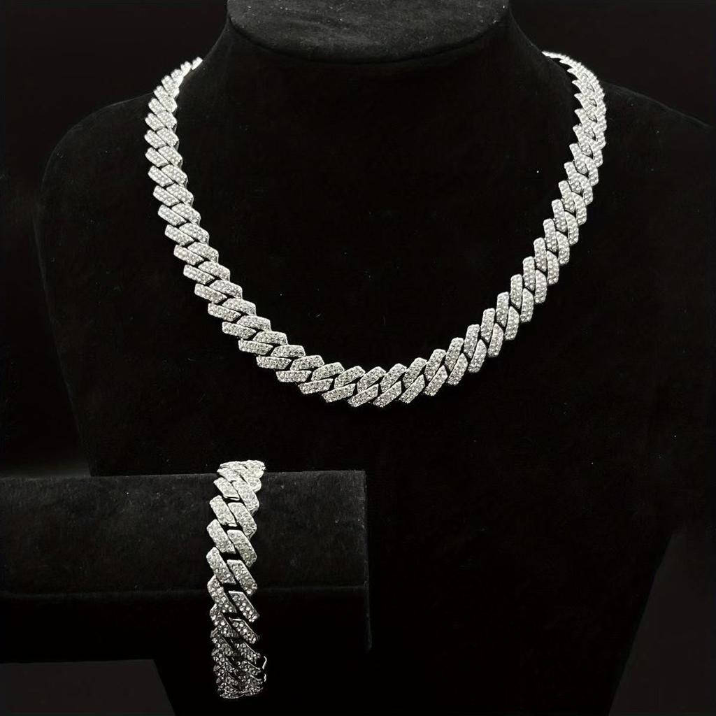 Mens Cuban Bracelet Necklace Full Diamond-Rhombus Design -Golden and silver colors Luxurious Sparkling Jewelry for Him