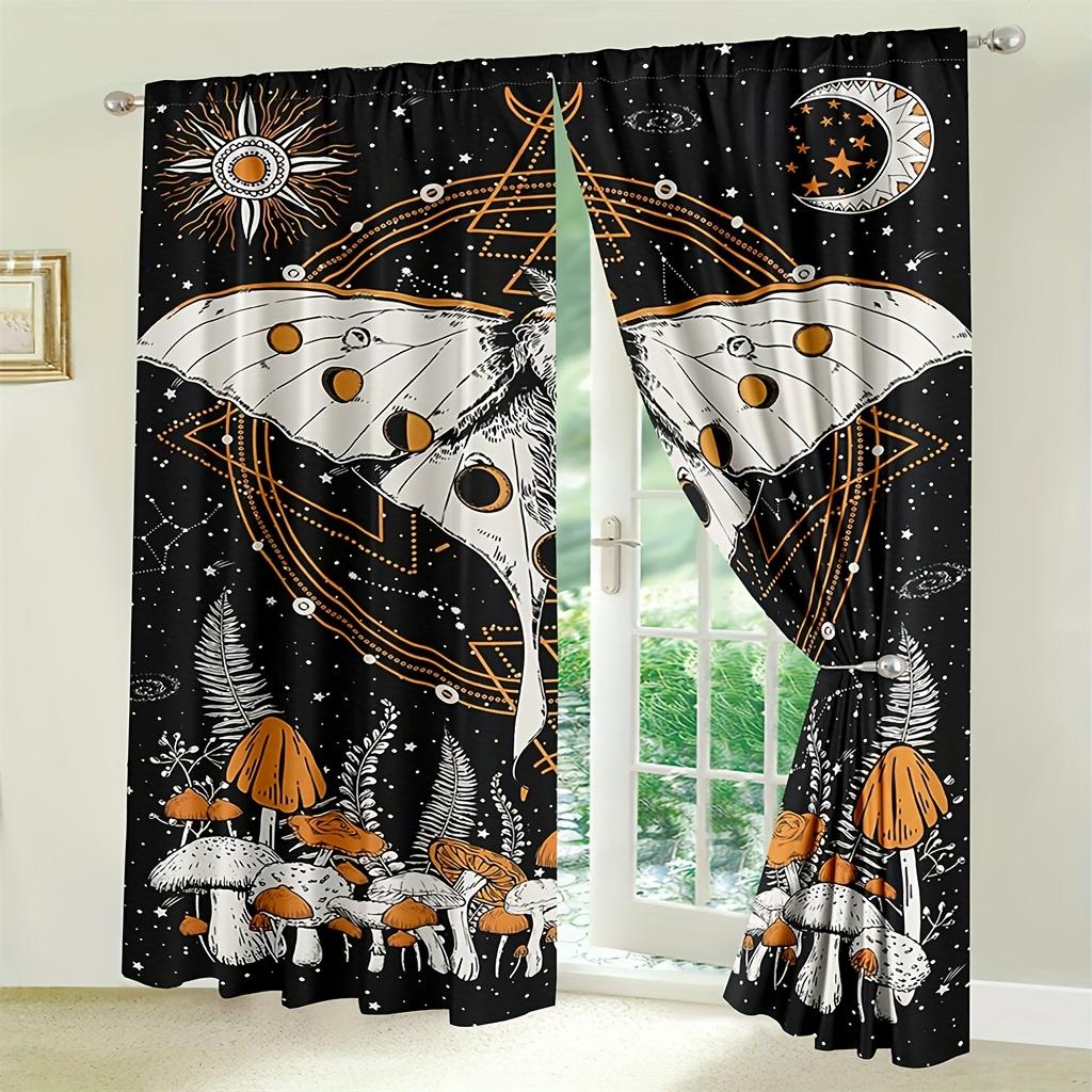 Lot de 2 rideaux de fenêtre soleil et lune pour adolescents et adultes, rideaux jaunes en forme de champignons, phases de lune, astrologie, rideaux de fenêtre pour chambre à coucher