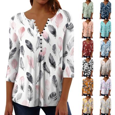 T-shirt Pullover Décontracté Mode Femme Manches 3/4 Haut Imprimé