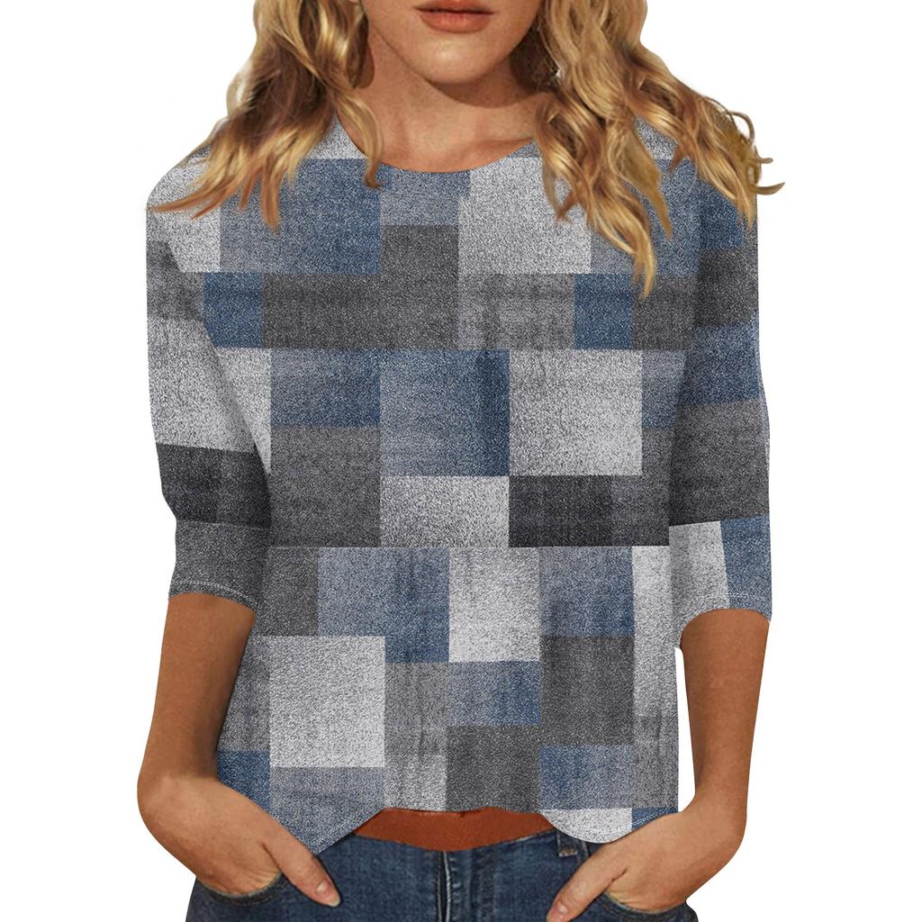Women's Fashion Casual Three-quarter Sleeve  Printed Round Neck Top