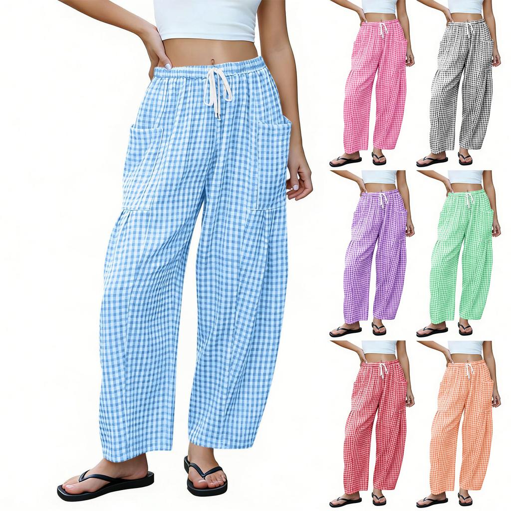 Women’s Loose Fit Plaid Drawstring Waist Wide Leg Pants with Large Side Pockets Casual Lightweight Trousers