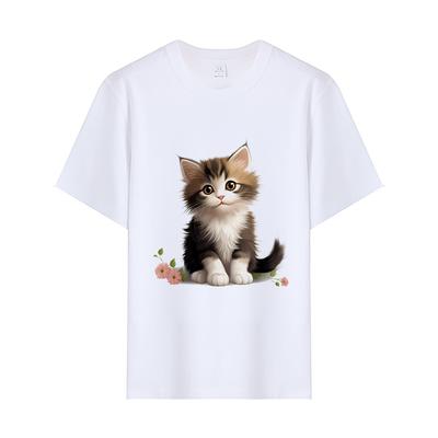 Nowy letni T-shirt z nadrukiem wzoru kota, wszechstronny, z okrągłym dekoltem i krótkim rękawem, casualowy i wszechstronny