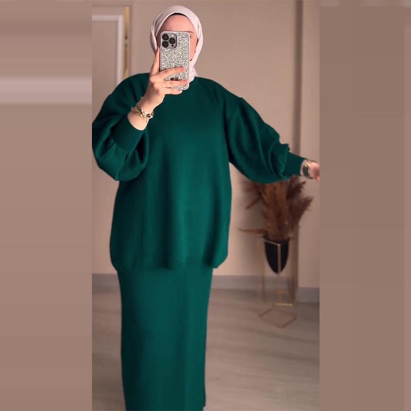 Herbst 2024 Europäisches & Amerikanisches Einfarbiges Lockeres Stricktop und A-Linien-Rock Set