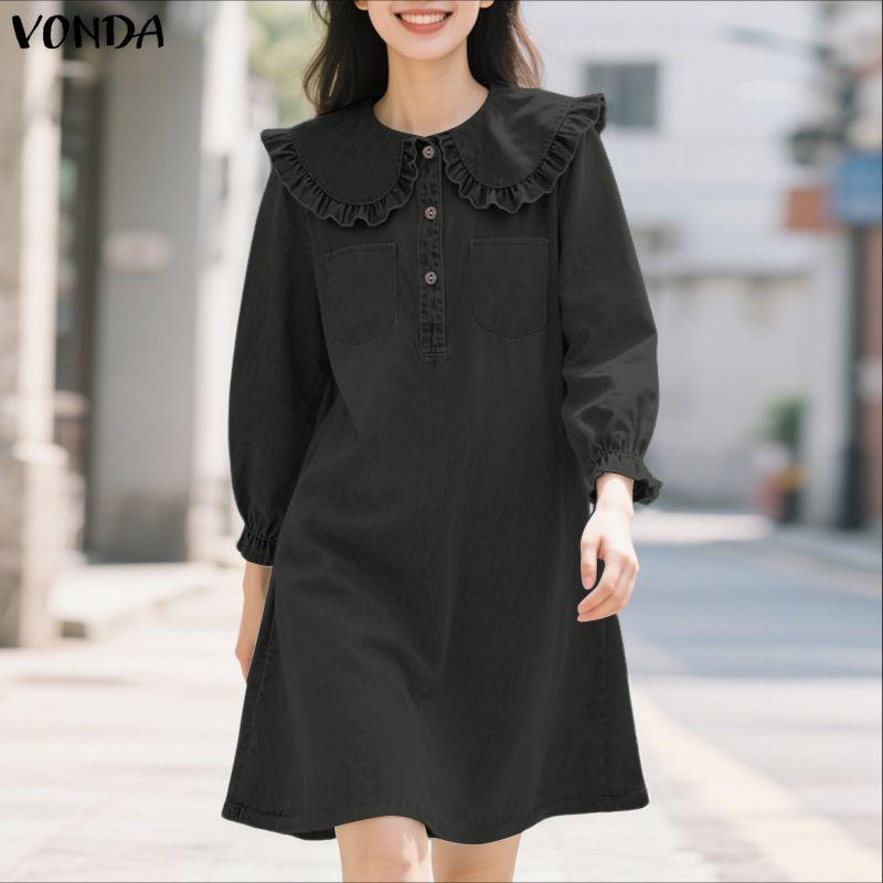 VONDA Women Elegant Doll Collar Long Sleeve Casual Tunic Dress