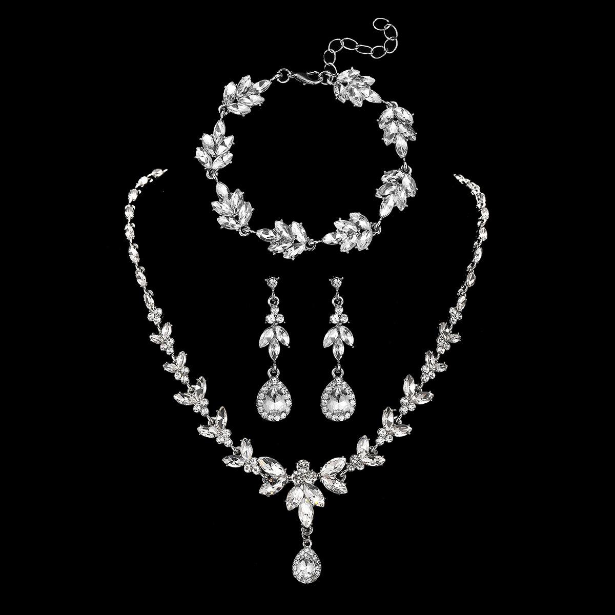 

2026 Water Drop Zircon Bridal Necklace Earrings Bracelet Three-piece Cross-border Premium Jewelry 45CM