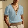 INCERUN Men V Neck Short Sleeve Stitching Casual Loose T-shirts Rib Tops