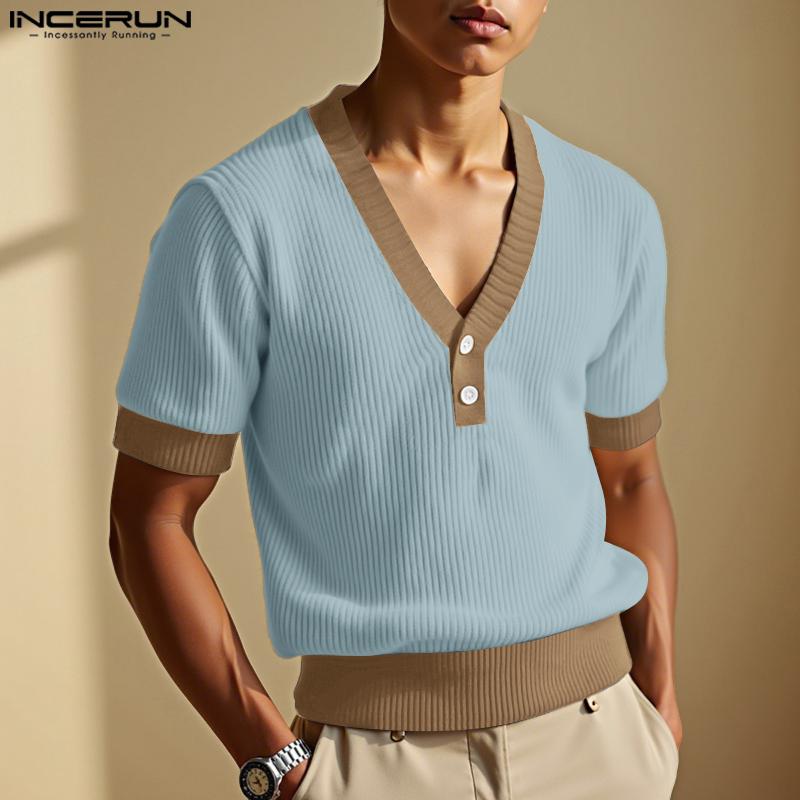 INCERUN Men V Neck Short Sleeve Stitching Casual Loose T-shirts Rib Tops