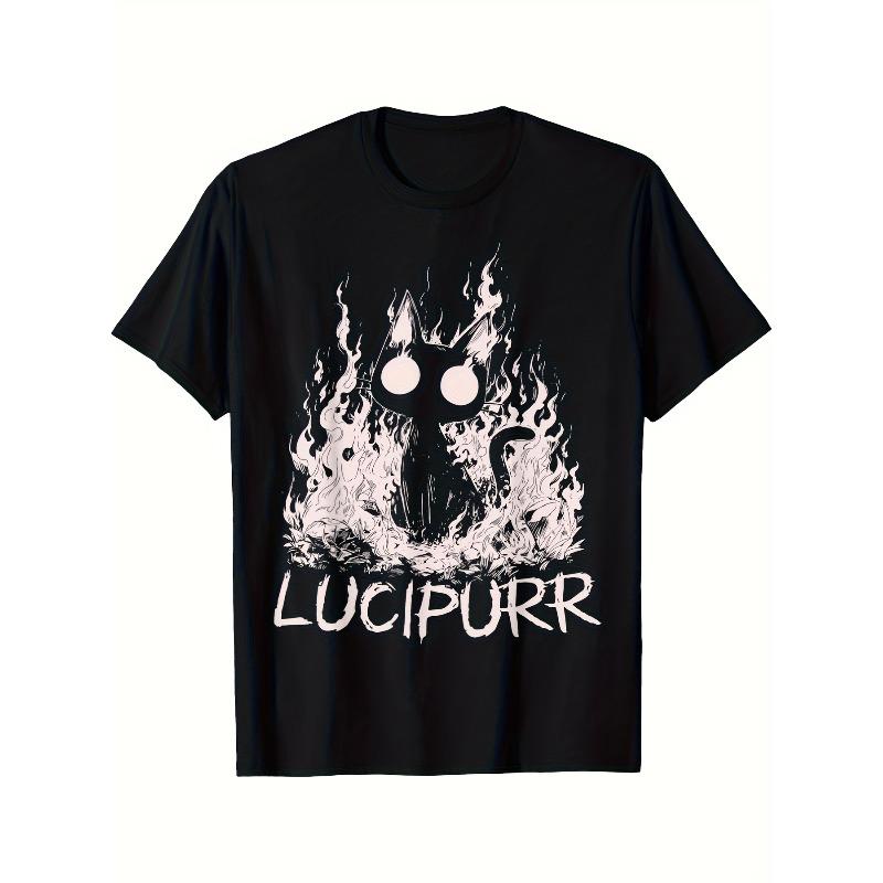 

European sizes Men S Plus Size Vintage Gothic Lucipurr Cat with Flames Graphic T-Shirt - Soft Breathable Crewneck Tee, Black & White Gothic Lettering 4XL чорний