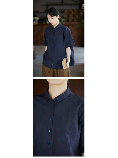 Women's Original Retro Cotton Dark Blue Short-Sleeved Casual Blouse
