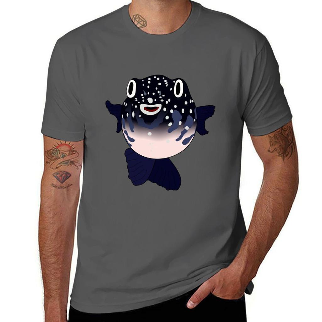Pufferfish In Blue Tshirt Basic Casual Wear Short Sleeve Top