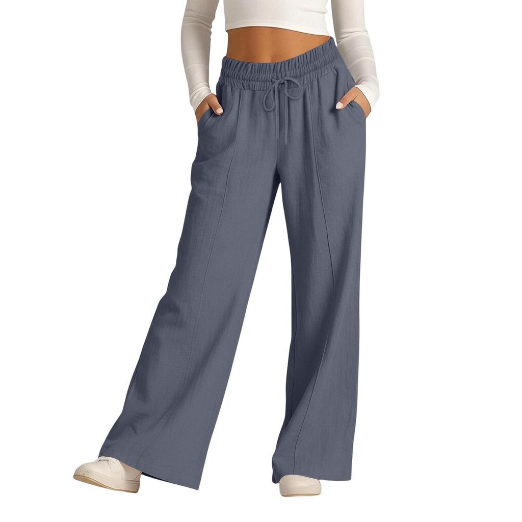 Women's Casual -Color High-Waisted Wide-Leg Drawstring Pants With Pockets