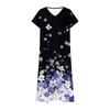 Fashion Women's Summer V-neck Short Sleeve Cotton And Linen Vintage Floral Print Beach Dress