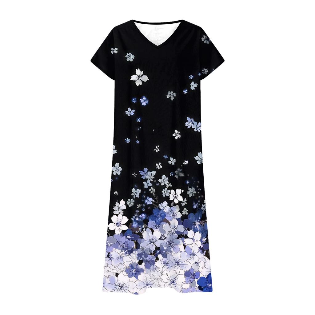 Fashion Women's Summer V-neck Short Sleeve Cotton And Linen Vintage Floral Print Beach Dress