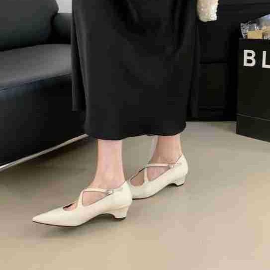 2025 printemps et automne nouvelles chaussures simples à bout pointu et décolleté bas à talon moyen pour femmes marron mot avec chaussures Mary Jane tempérament petit cuir s