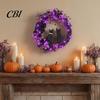 Halloween Floral Hanging Decoration Garland, with String Lights, Black Cat Silhouette Glow Moon Lights Wreath, for Front Door Indoor Outdoor