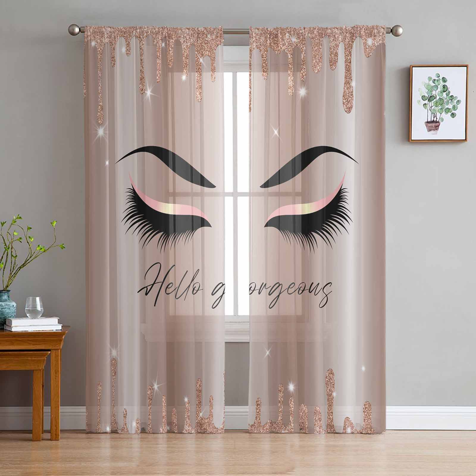 

Розовые мультяшные прозрачные шторы с ресничками для гостиной, оконные шторы для кухни, тюль, вуаль, органза, шторы W135 x H115cm x1&Grommet Top