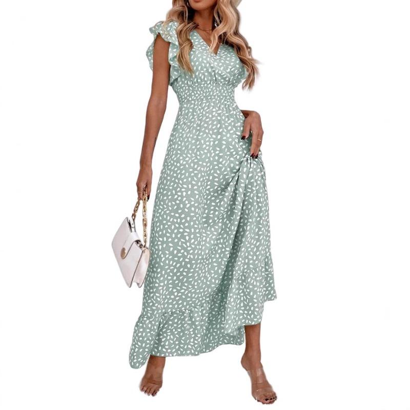 European and American new fashion holiday style v-neck waist ruffle edge polka dot dress
