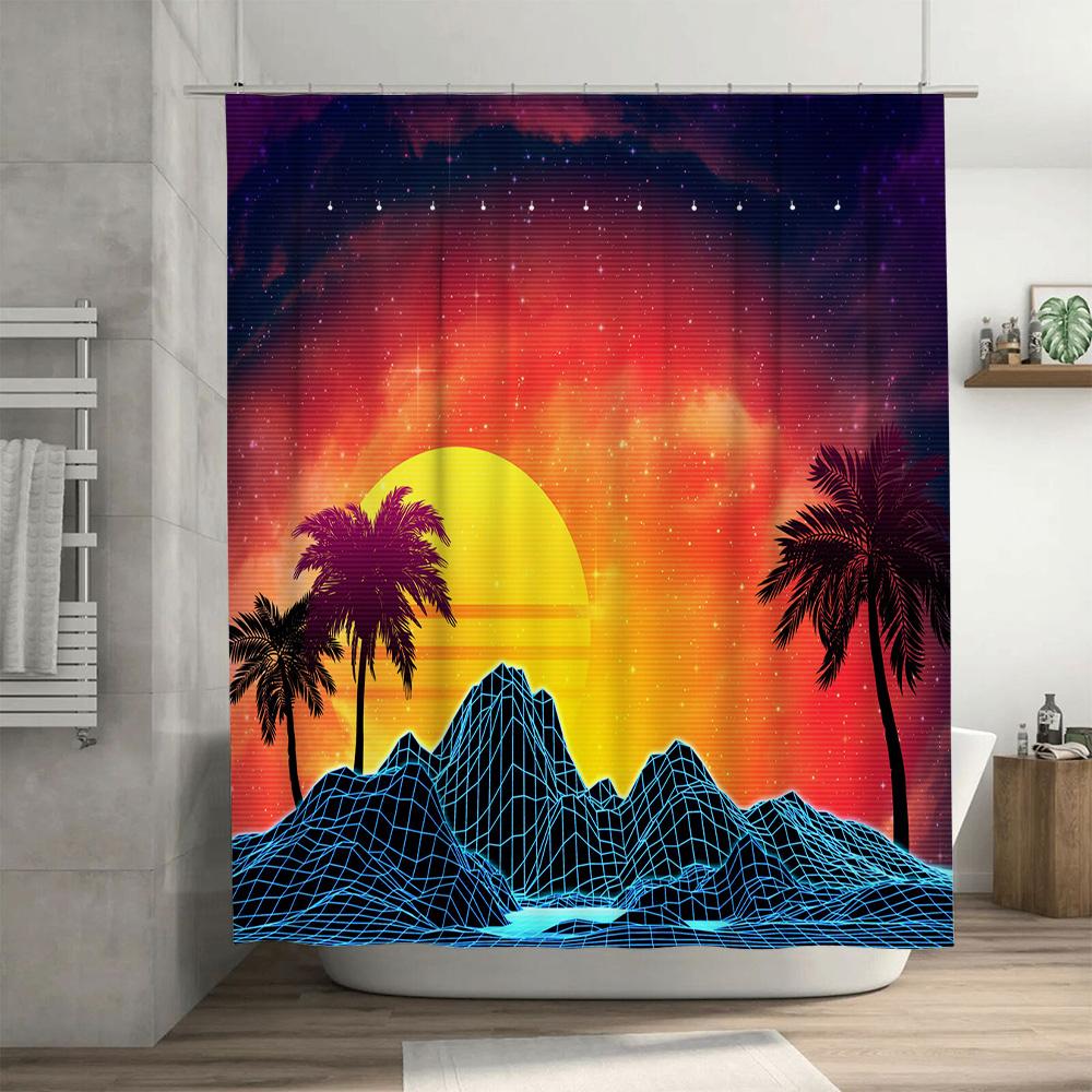 Vibrant Retro Sunset Geometric Palm Tree Shower Curtain For Home Decoration Bathroom Decor Modern Artistic Customizable Size